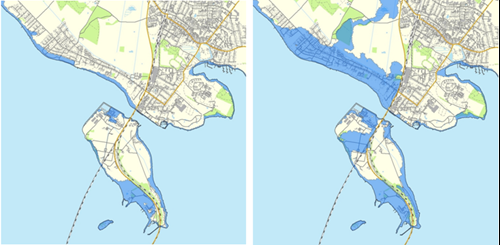 Analyseret oversvømmelsestrussel for Vordingborg by ved en 100 årshændelse (TV) og ekstremhændelse (TH) i 2115.
